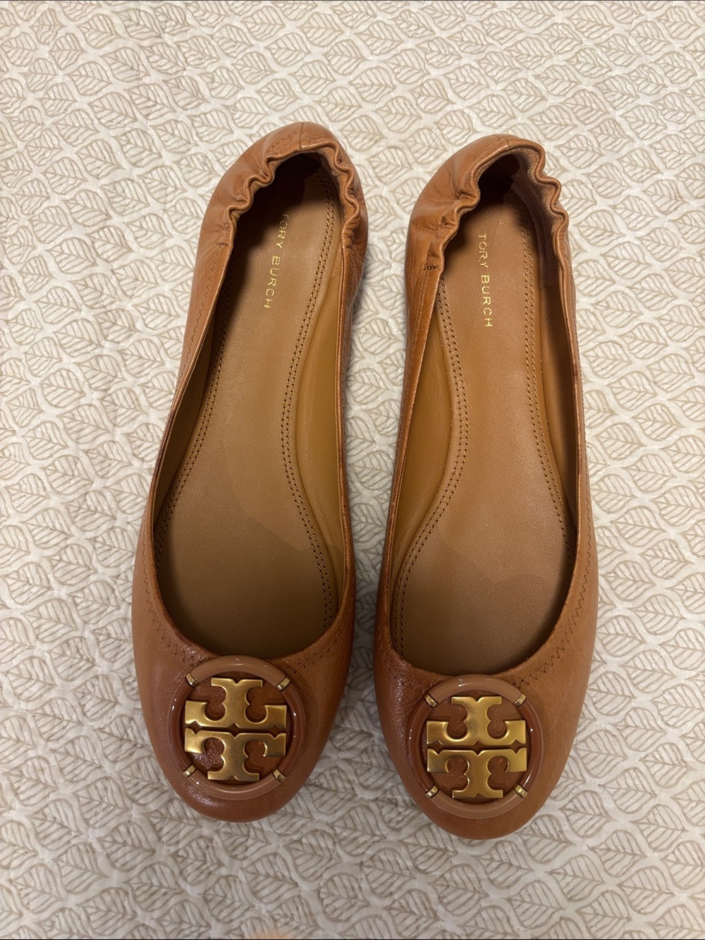 Size 10 Tory Burch Cognac Leather Logo Round-Toe Ballet Flats